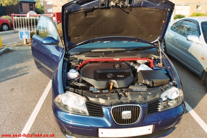 Andy's Eclipse Blue Ibiza TDI Sport, with SeatSport strut brace and Dynatwist intake.